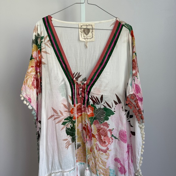 Z&L Made With Love Floral Print Kimono Cover Up Pom Pom Trim Boho Bohemian - Picture 2 of 8